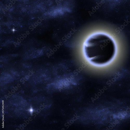 A blue outline around a planet or cooling star. Counterlight. Black hole, portal. Stars, interstellar space, black and blue background. Space. Fantasy background. Copy space. © Iuliia