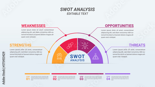 Circular SWOT Analysis Infographics Diagram with Four Steps or Options. Business Advantages and Disadvantages. Colorful Presentation Template for Planning, Management, and Evaluation of Project.