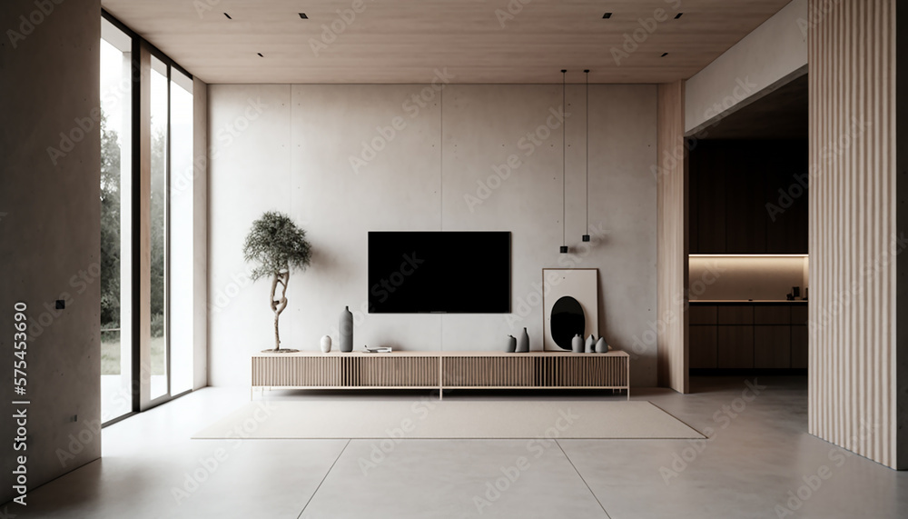 Japandy living room interior with console and TV, Generative AI Japandy living room interior with console and TV, Generative AI