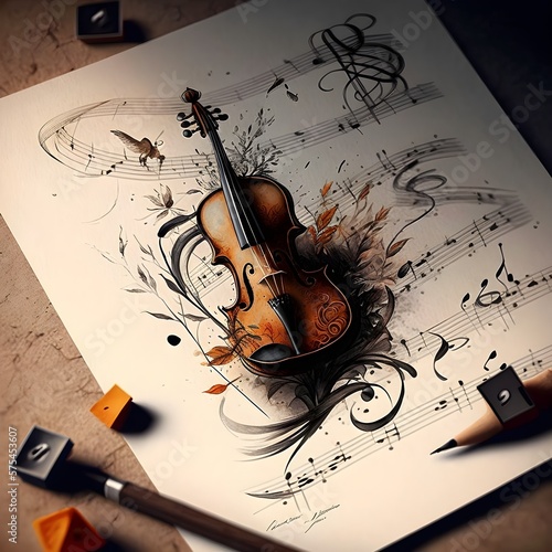 Violin image framed with florals taking shape from a note manuscript. 