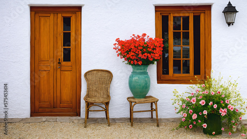 whicker chair at spanish east coast house with whitewashed walls wooden doors and windows with some beautiful colorful flowers staying outdoors, generative AI