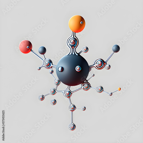 Fantasy molecule with inspires by methane with one large atom in the centre and multiple smaller atoms on the sides
