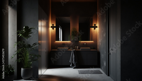 Luxury dark bathroom with warm backlight  loft  Generative AI