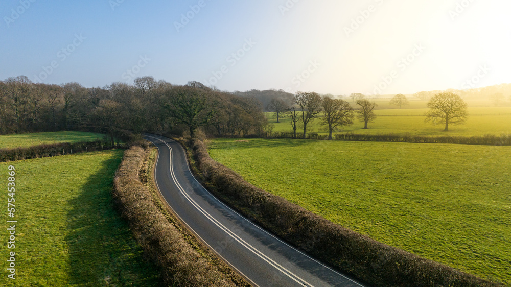 Aerial view of road and trees in spring colours, West Sussex, UK.