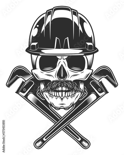 Skull in helmet hard hat with mustache with construction wrench for gas and builder plumbing pipe or body shop mechanic spanner repair tool in monochrome style vintage vector illustration