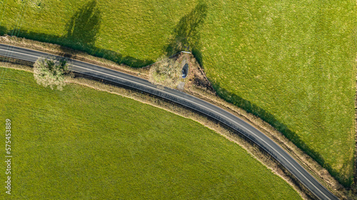 Aerial view of road and trees in spring colours, West Sussex, UK.
