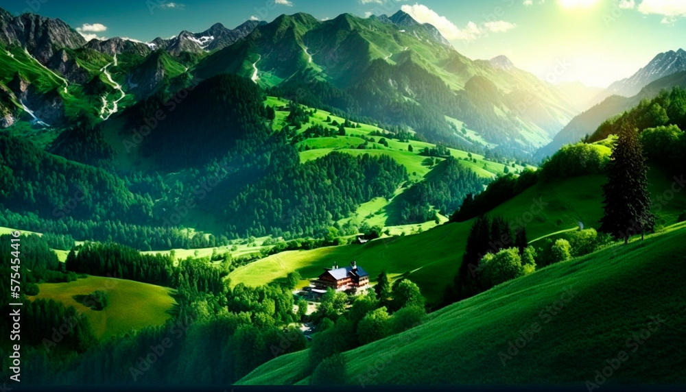 beautiful mountain summer landscape with green hills. High quality illustration