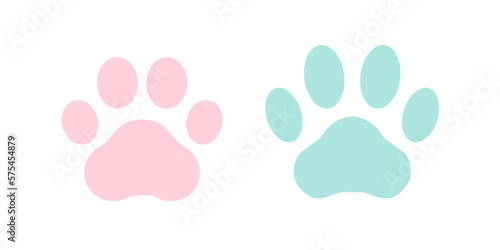 Paw print dog and cat. Black footprint of pet isolated on white background. Pets paws shape. Animal pawprint dogs, cats. Cute silhouette paw for design prints. Outline steps. Vector illustration