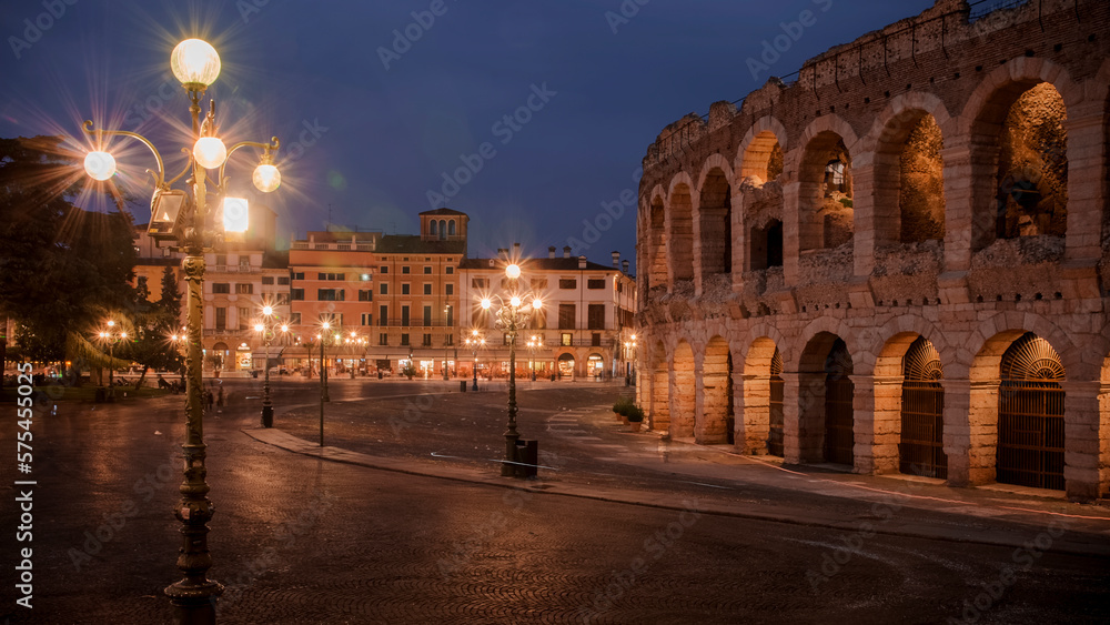facade of the Arena di Verona photographed at night