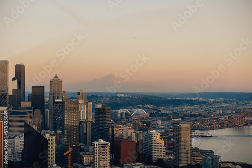 View of Seattle skyline at dusk on summer evening with view of Mount Rainer, Washington State © Ruth