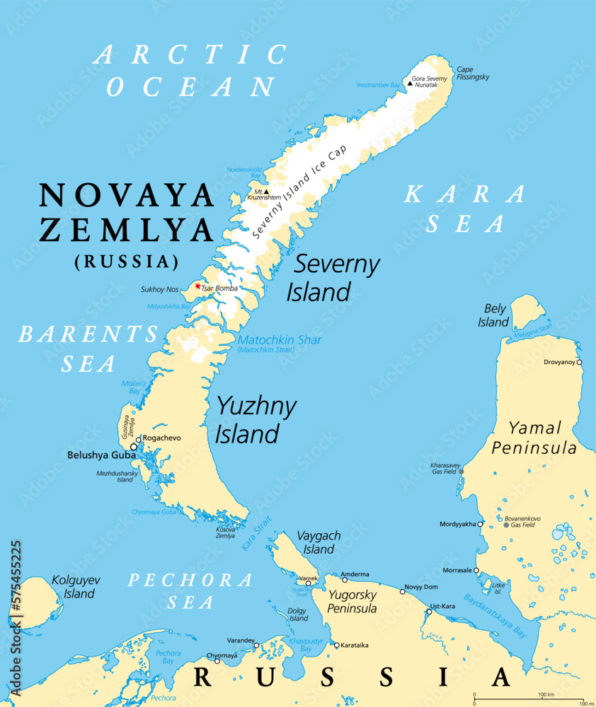 Novaya Zemlya, archipelago in northern Russia, political map. Situated