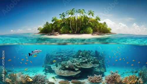 Waterline between tropical island and coral reef. Based on Generative AI © Yeti Studio