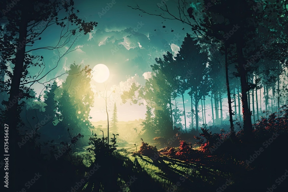 Sunlight and long shadows create a stunning forest scene early in the morning. Generative AI