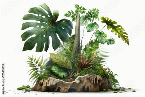 Leafy tropical plants  including Bromeliads  Anthurium  ferns  and a climbing philodendron  Philodendron billietiae   growing on a tree trunk on a white background. Generative AI