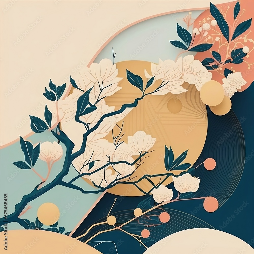 wallpaper with abstract shapes with chinese aesthetics, minimalist flat