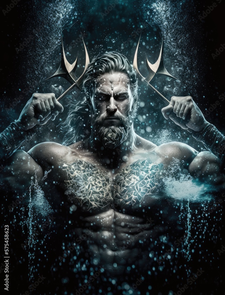 Majestic Poseidon portrait with trident, water and sparkles over black starry sea, generative AI
