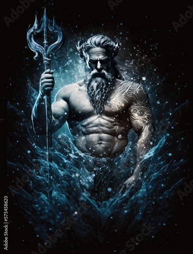 Mythical Poseidon figure with trident, water and starry backdrop, generative AI