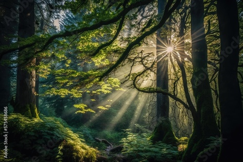 Vibrant and natural forest scene with sunrays illuminating the lush foliage, generative AI © Gabriel