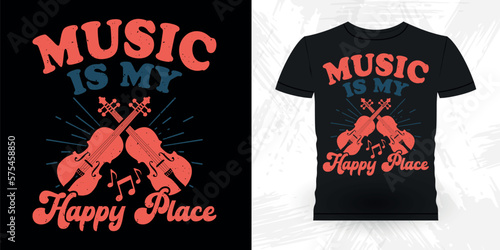 Music Is My Happy Place Funny Musician Music Bass Retro Vintage Musician T-shirt Design