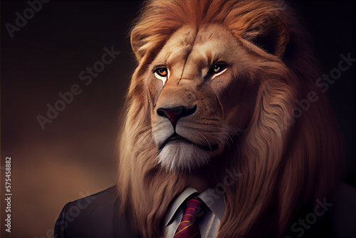 Portrait of lion dressed in formal business suit with tie and jacket. Humanized lion s portrait. High quality ai generated illustration.