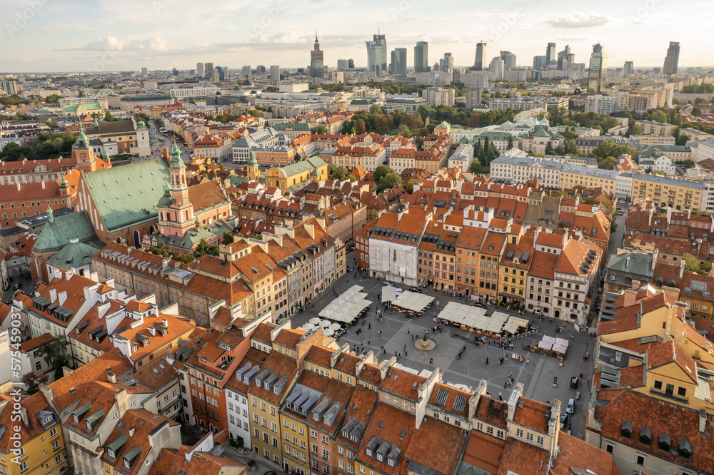 Warsaw Old town and modern skyscrapers aerial view, Poland.