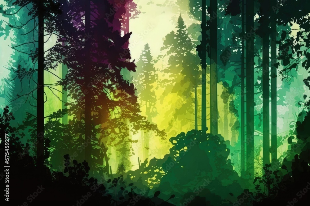 Sunlight Penetrates the Green Mist of the Forest. Generative AI