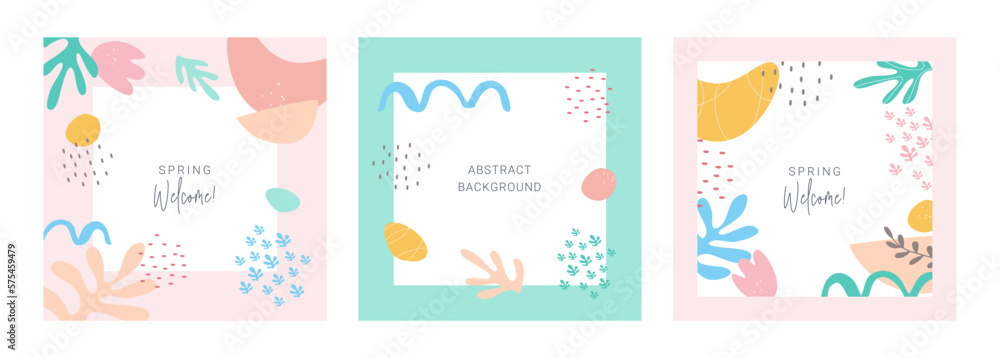 Set of abstract modern backgrounds with nature organic shapes and doodles. Spring colors. Vector cover template with copy space for text. Minimalist design for social media, stories , banner, poster.