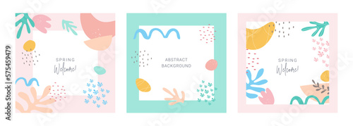 Set of abstract modern backgrounds with nature organic shapes and doodles. Spring colors. Vector cover template with copy space for text. Minimalist design for social media  stories   banner  poster.