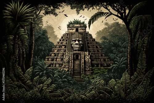 ancient mayan pyramid rising from the jungle foliage , ai generated photo
