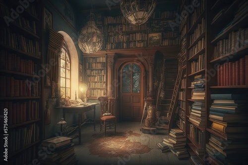 Old library or bookstore with many books on shelves (Generative AI)