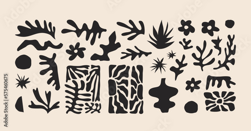 Matisse geometric and organic shapes. Abstract contemporary nature floral doodle for logos, patterns, posters, covers and postcards. Naive art. Botanic vector illustration in black color.