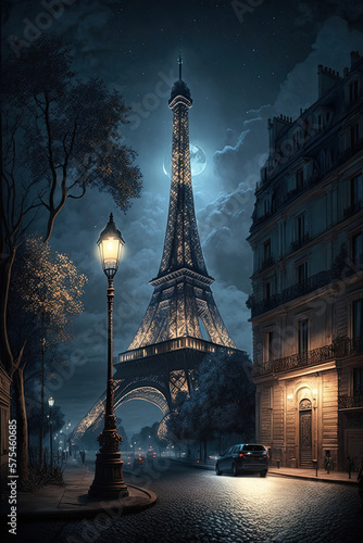 night in paris with the eiffel tower in view , ai generated