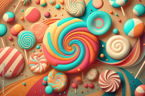 Sweet colorful candies and lollipops. Look like 3d rendering. Generative llustration for card, party, design, flyer, poster, banner, advertising