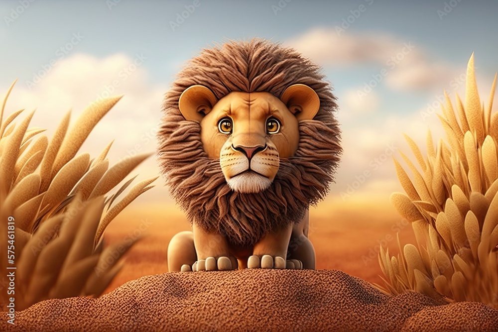 Cute Cartoon Lion (Created with Generative AI) - obrazy, fototapety, plakaty 