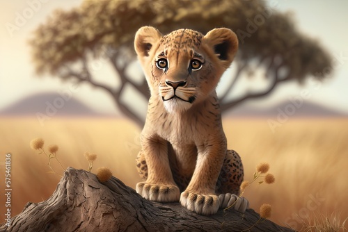 Cute Cartoon Lion Cub (Created with Generative AI) photo