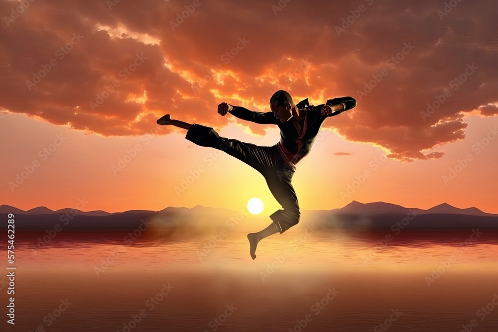 Martial artist fighter performing fly kick at sunset. Generative AI
