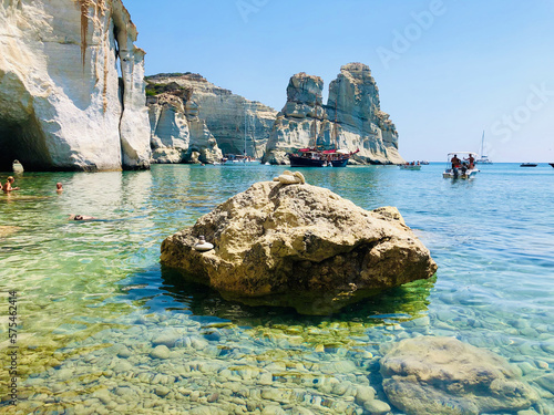 An exquisite Summer Day's view at Kleftiko, Milos island, with turquoise waters and blue sky