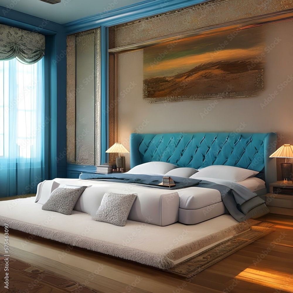 Fototapeta premium 9. A guest bedroom with a comfortable bed and a serene color palette.1, Generative AI
