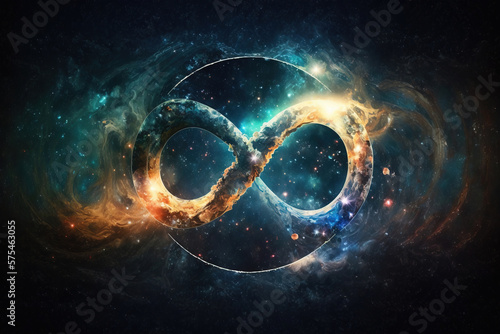 Fototapeta Naklejka Na Ścianę i Meble -  Colorful space with infinity symbol. Fantasy galaxy generative AI background