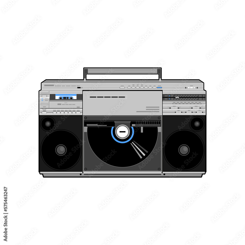 Vector image of a classic Boombox or Ghetto Blaster. Inspired by the Sharp VZ-2500 Linear Tracking Turntable portable stereo model in black and blue