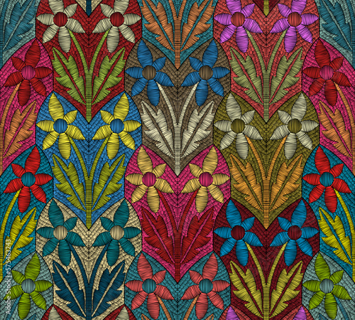 Seamless abstract decorative pattern. Imitation of embroidery bohemian ornament. Print for home decor, carpets, pillows. Vector illustration.