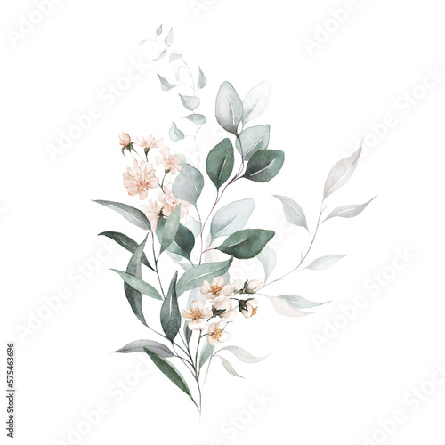 Fototapeta Naklejka Na Ścianę i Meble -  Watercolor floral bouquet with green leaves, pink peach blush white flowers leaf branches, for wedding invitations, greetings, wallpapers, fashion, prints. Eucalyptus, olive green leaves, rose, peony.