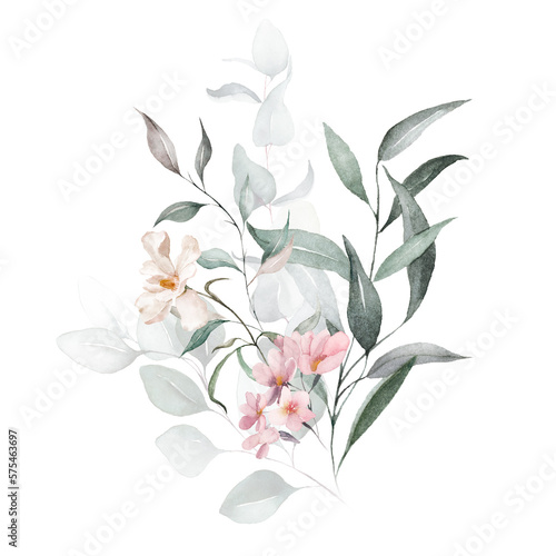 Watercolor floral bouquet with green leaves  pink peach blush white flowers leaf branches  for wedding invitations  greetings  wallpapers  fashion  prints. Eucalyptus  olive green leaves  rose  peony.