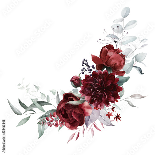 Canvas Print Watercolor floral bouquet - green leaves, burgundy maroon scarlet pink peach blush white flowers leaf branches