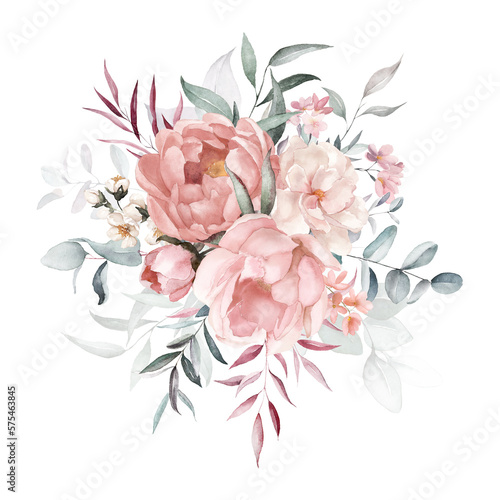 Watercolor floral bouquet with green leaves, pink peach blush white flowers leaf branches, for wedding invitations, greetings, wallpapers, fashion, prints. Eucalyptus, olive green leaves, rose, peony. © Veris Studio