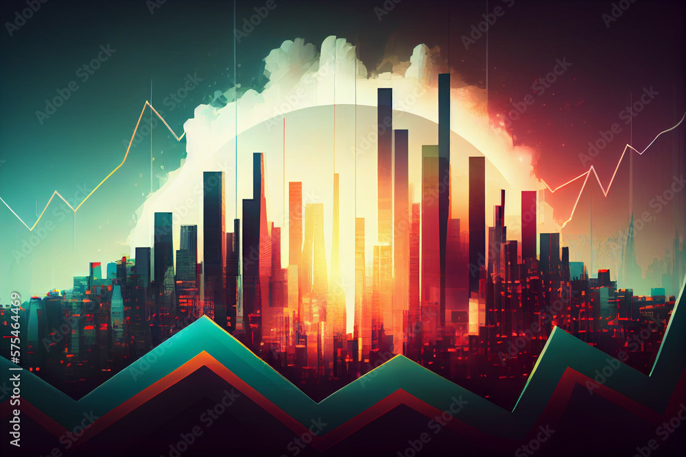 Concept illustration of stock market upscale trend in urban city