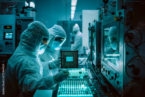 Murais de parede Scientists in the lab working on cpu chip and technologies