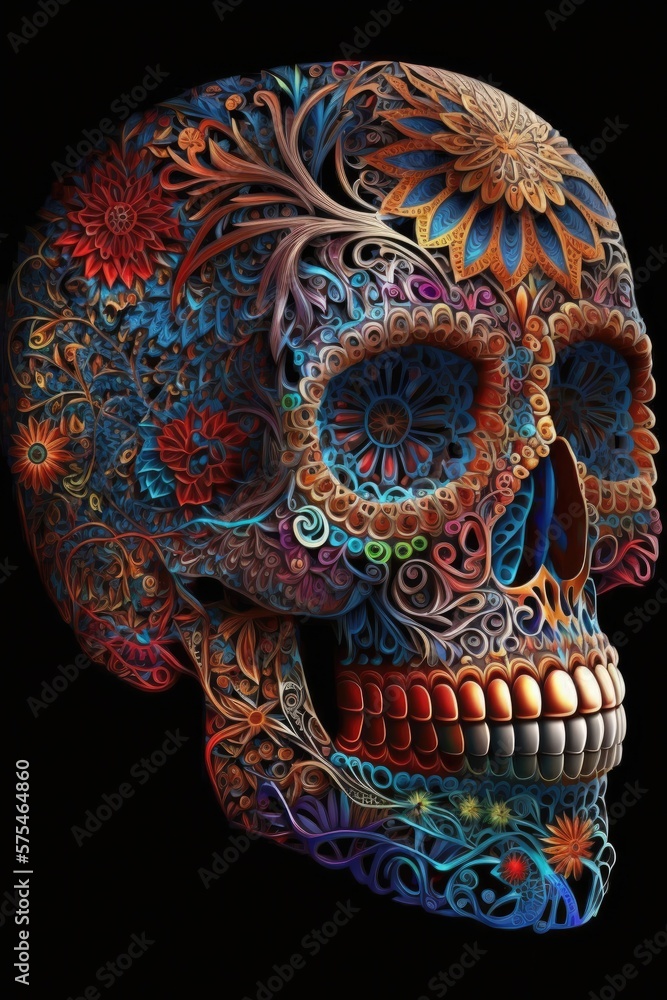 Naklejka premium Mexican roses skull. Mexican roses skull. Vector illustration. Dia de los muertos shugar colorful head Generative Ai