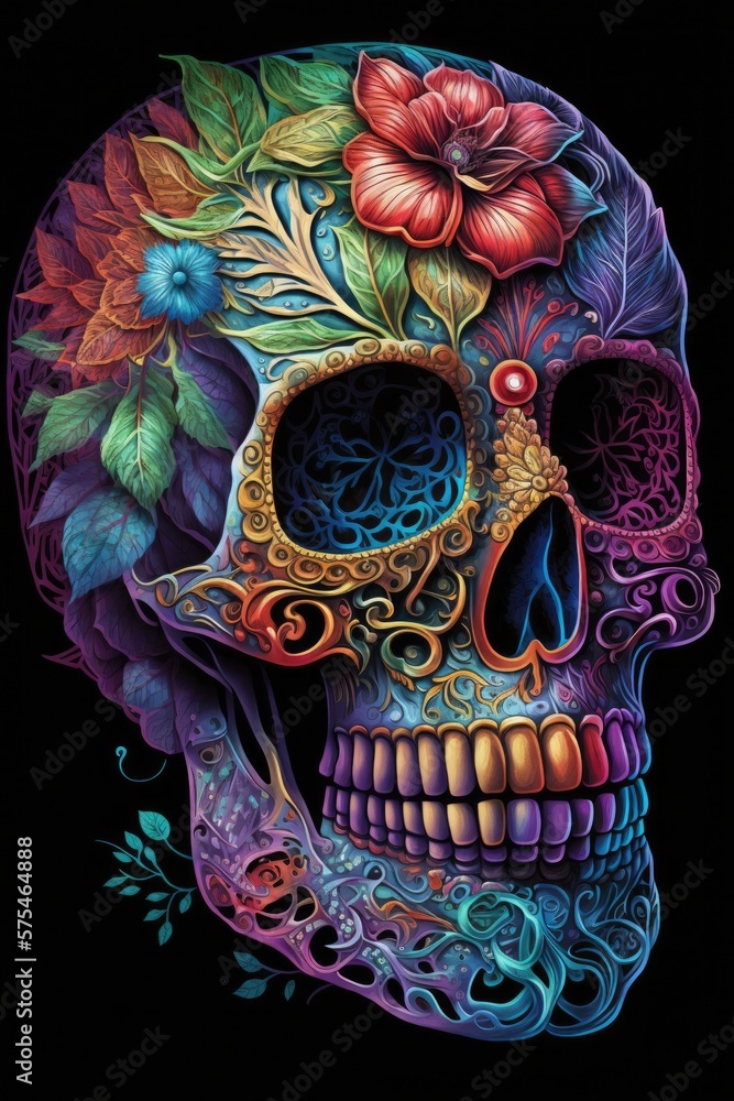 Mexican roses skull. Mexican roses skull. Vector illustration. Dia de los muertos shugar colorful head Generative Ai Mexican roses skull. Mexican roses skull. Vector illustration. Dia de los muertos shugar colorful head Generative Ai