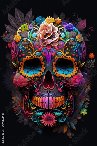 Mexican roses skull. Mexican roses skull. Vector illustration. Dia de los muertos shugar colorful head Generative Ai © ChaoticMind
